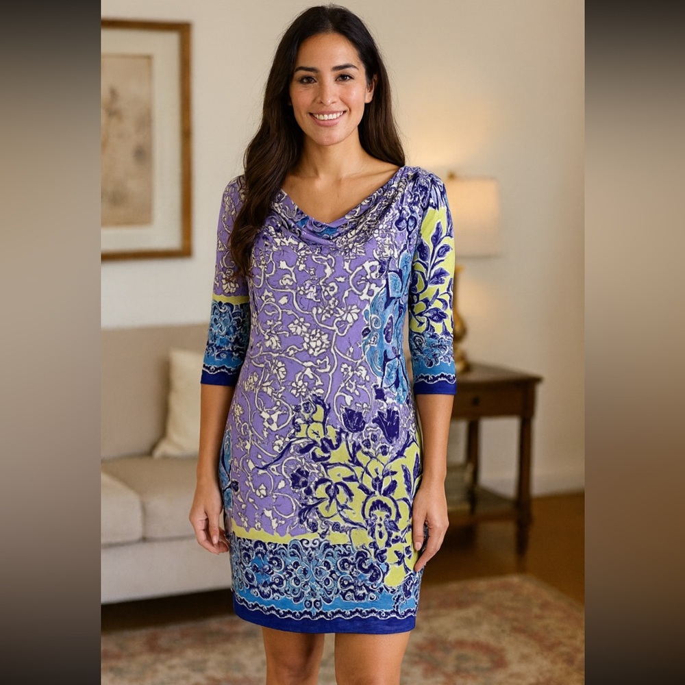 Adrianna Papell Shift Dress Cowl Neck Pullover Size 4 Purple Multicolor